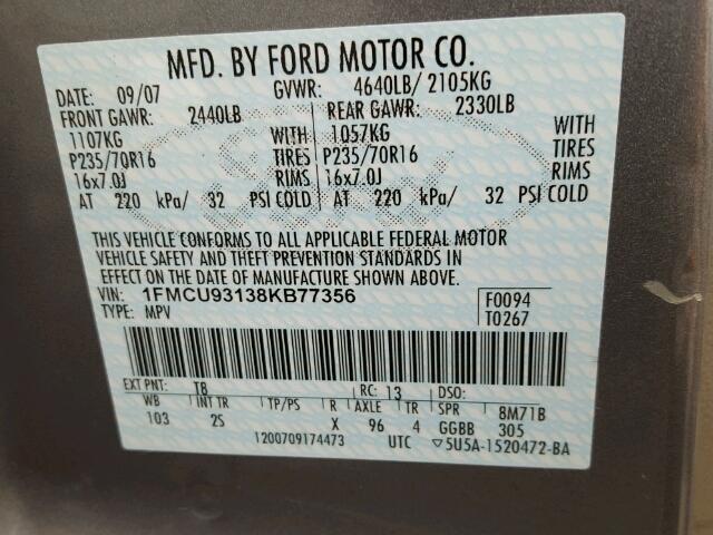 1FMCU93138KB77356 - 2008 FORD ESCAPE XLT GRAY photo 10