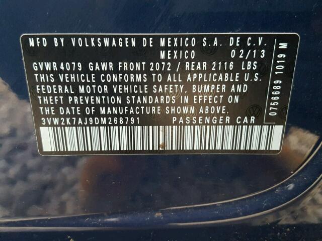 3VW2K7AJ9DM268791 - 2013 VOLKSWAGEN JETTA BASE 蓝色 照片 10