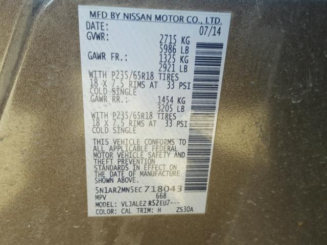 5N1AR2MN5EC718043 - 2014 NISSAN PATHFINDER CHARCOAL photo 10