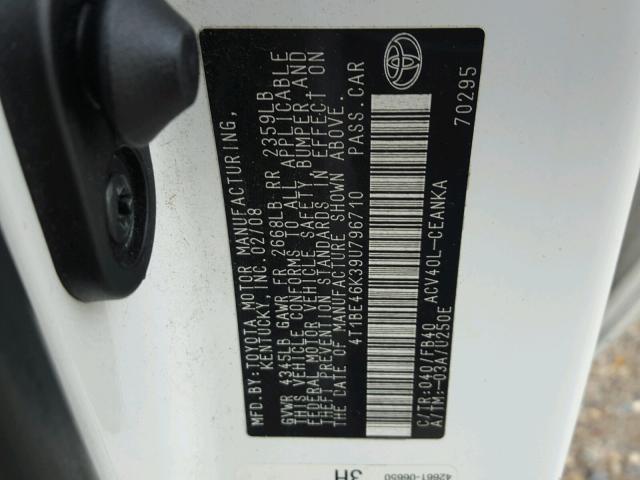 4T1BE46K39U796710 - 2009 TOYOTA CAMRY BASE WHITE photo 10