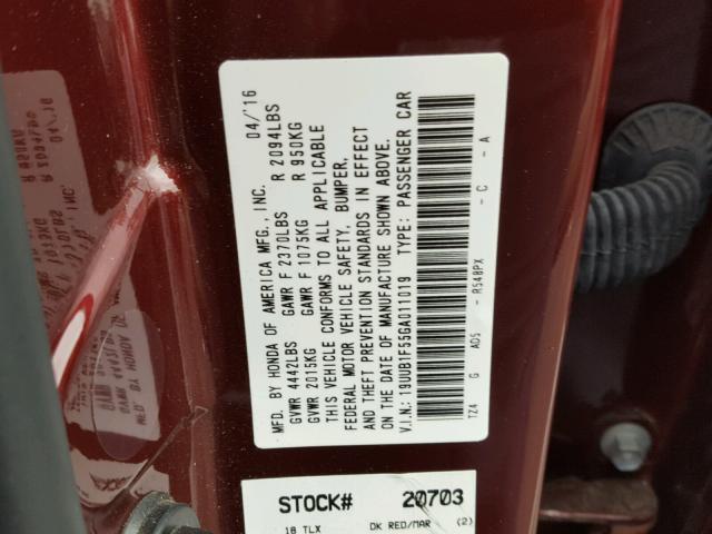 19UUB1F55GA011019 - 2016 ACURA TLX TECH MAROON photo 10