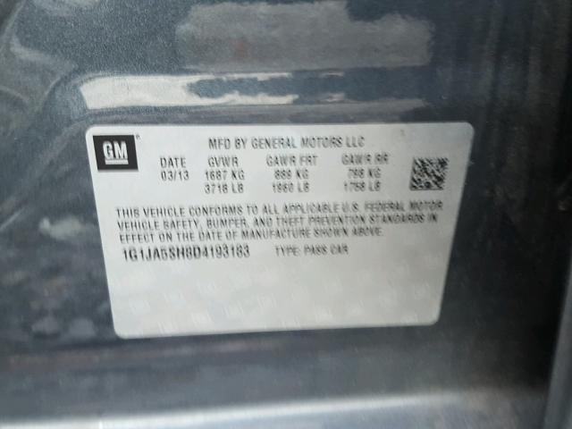 1G1JA5SH8D4193193 - 2013 CHEVROLET SONIC LS 灰色 照片 10