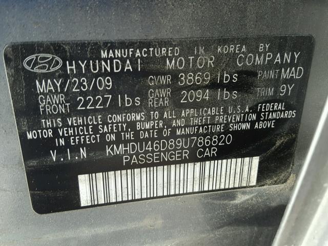 KMHDU46D89U786820 - 2009 HYUNDAI ELANTRA GRAY photo 10