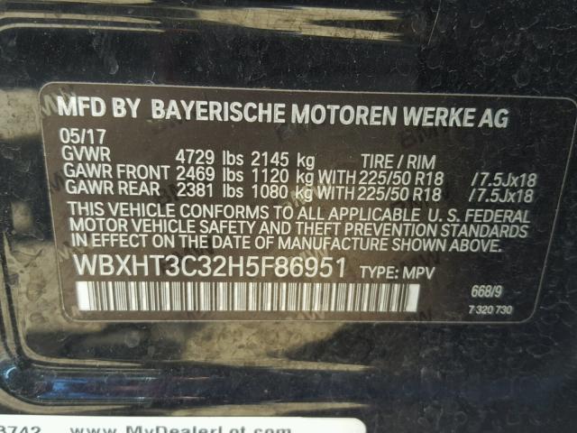 WBXHT3C32H5F86951 - 2017 BMW X1 XDRIVE2 BLACK photo 10