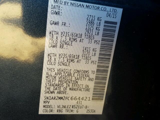 5N1AR2MM2FC664421 - 2015 NISSAN PATHFINDER BLUE photo 10
