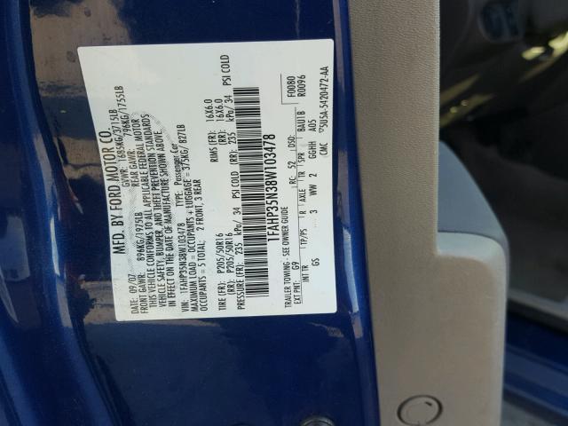 1FAHP35N38W103478 - 2008 FORD FOCUS SE BLUE photo 10