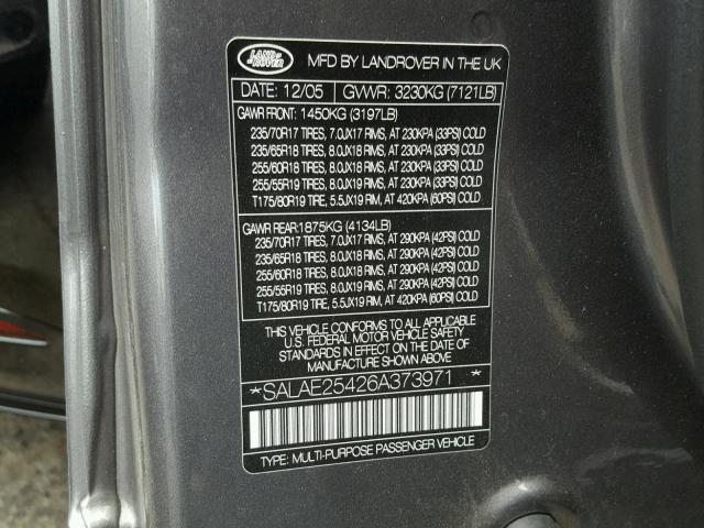 SALAE25426A373971 - 2006 LAND ROVER LR3 SE CHARCOAL photo 10