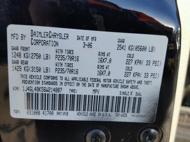 1J4GL48K56W214887 - 2006 JEEP LIBERTY SP BLACK photo 10