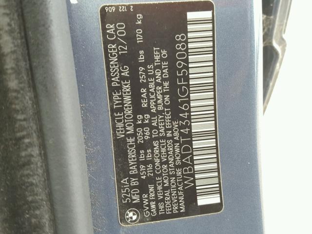 WBADT43461GF59088 - 2001 BMW 525 I AUTO BLUE photo 10