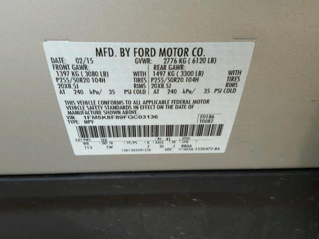 1FM5K8F89FGC03136 - 2015 FORD EXPLORER SILVER photo 10