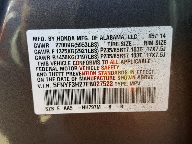 5FNYF3H27EB027522 - 2014 HONDA PILOT LX GRAY photo 10