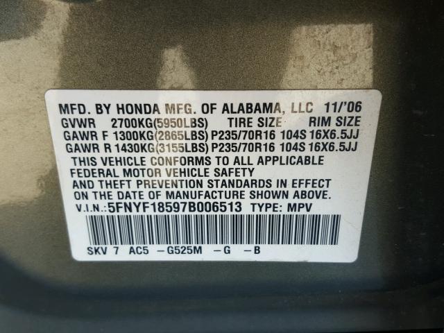 5FNYF18597B006513 - 2007 HONDA PILOT EXL GREEN photo 10