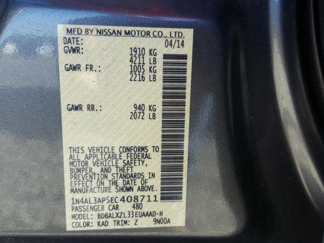 1N4AL3AP5EC408711 - 2014 NISSAN ALTIMA GRAY photo 10