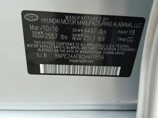 5NPE24AF8GH410519 - 2016 HYUNDAI SONATA SE SILVER photo 10