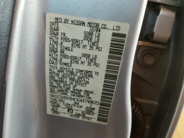 5N1ED28Y84C687065 - 2004 NISSAN XTERRA SILVER photo 10