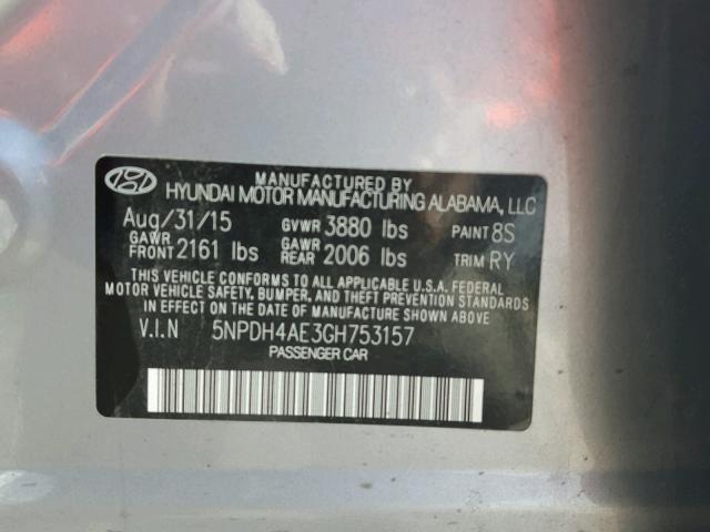 5NPDH4AE3GH753157 - 2016 HYUNDAI ELANTRA SE SILVER photo 10