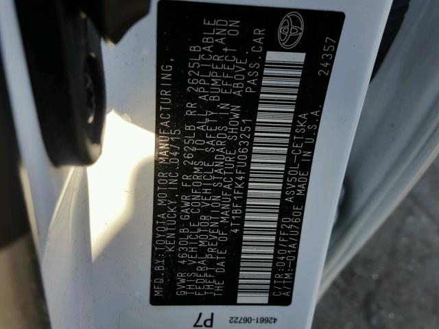 4T1BF1FK4FU063251 - 2015 TOYOTA CAMRY LE 白色 照片 10