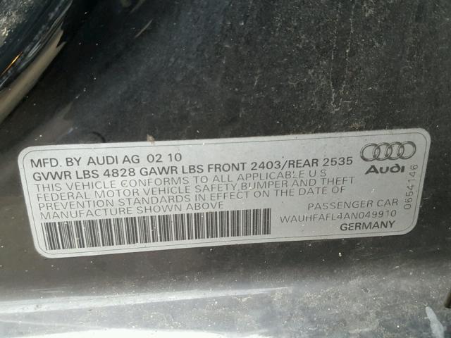 WAUHFAFL4AN049910 - 2010 AUDI A4 PREMIUM BLACK photo 10