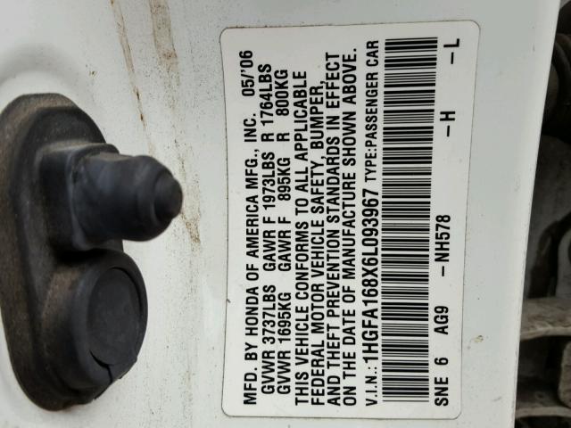 1HGFA168X6L093967 - 2006 HONDA CIVIC EX WHITE photo 10