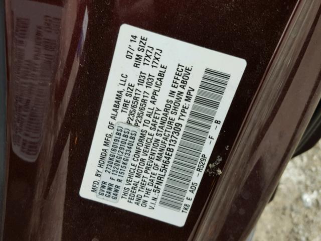 5FNRL5H64EB137309 - 2014 HONDA ODYSSEY EX MAROON photo 10