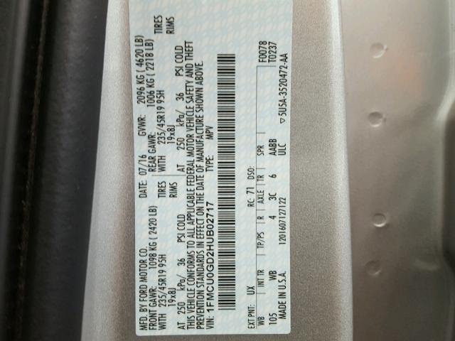 1FMCU0GD2HUB02717 - 2017 FORD ESCAPE SE 银色 照片 10