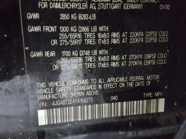4JGAB72E4YA168273 - 2000 MERCEDES-BENZ ML 430 Schwarz Foto 10