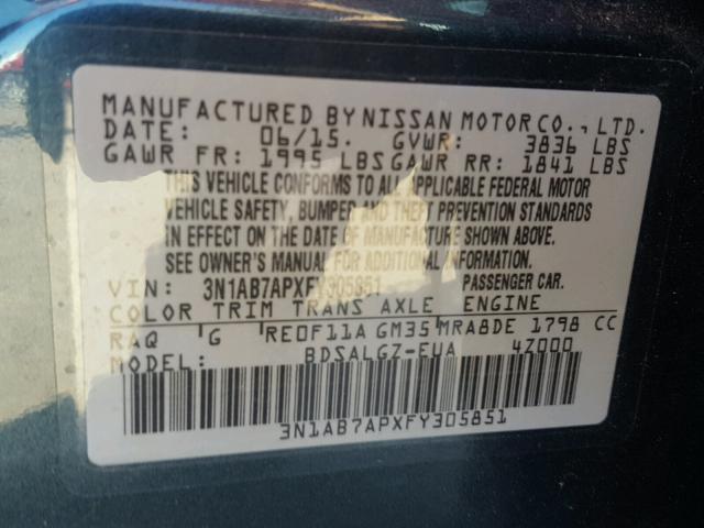 3N1AB7APXFY305851 - 2015 NISSAN SENTRA S BLUE photo 10