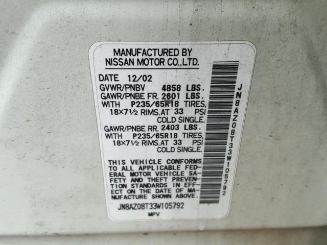 JN8AZ08T33W105792 - 2003 NISSAN MURANO WHITE photo 10