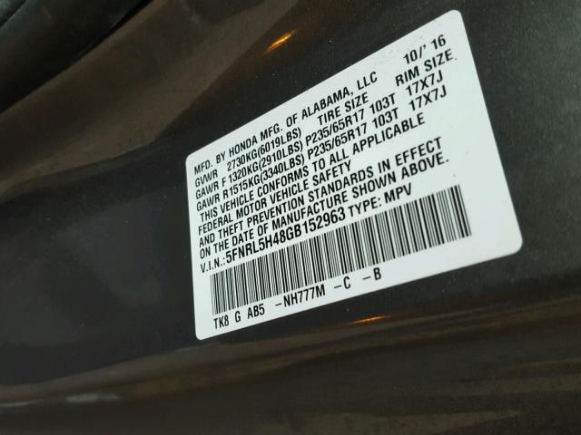 5FNRL5H48GB152963 - 2016 HONDA ODYSSEY EX GRAY photo 10