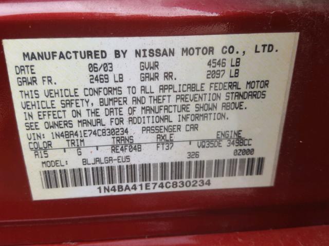 1N4BA41E74C830234 - 2004 NISSAN MAXIMA SE MAROON photo 10