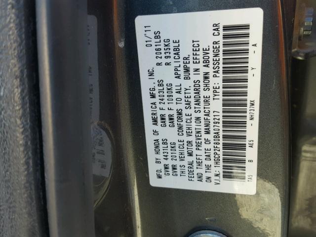 1HGCP2F80BA079217 - 2011 HONDA ACCORD EXL GRAY photo 10