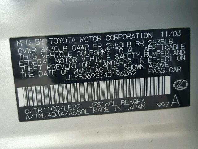 JT8BD69S340196282 - 2004 LEXUS GS 300 SILVER photo 10