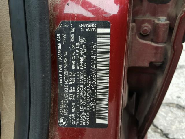 WBACD4326VAV47567 - 1997 BMW 328 I AUTO RED photo 10