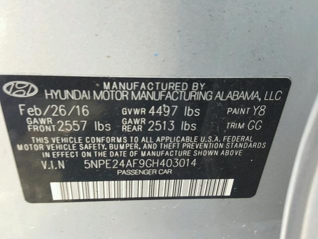 5NPE24AF9GH403014 - 2016 HYUNDAI SONATA SE GRAY photo 10