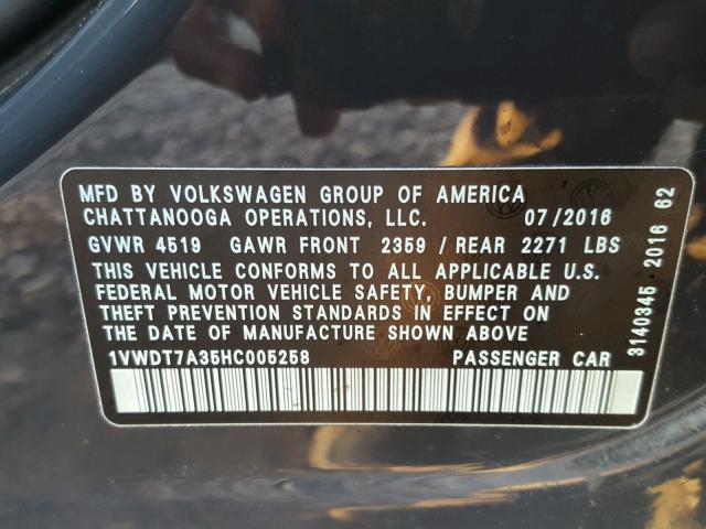 1VWDT7A35HC005258 - 2017 VOLKSWAGEN PASSAT R-L GRAY photo 10