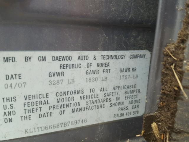 KL1TD66687B789746 - 2007 CHEVROLET AVEO BASE Szary zdjęcie 10