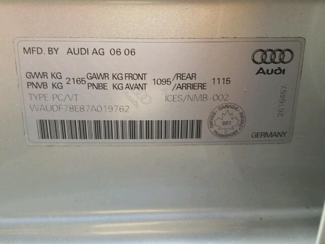 WAUDF78E87A019762 - 2007 AUDI A4 2.0T QU SILVER photo 10