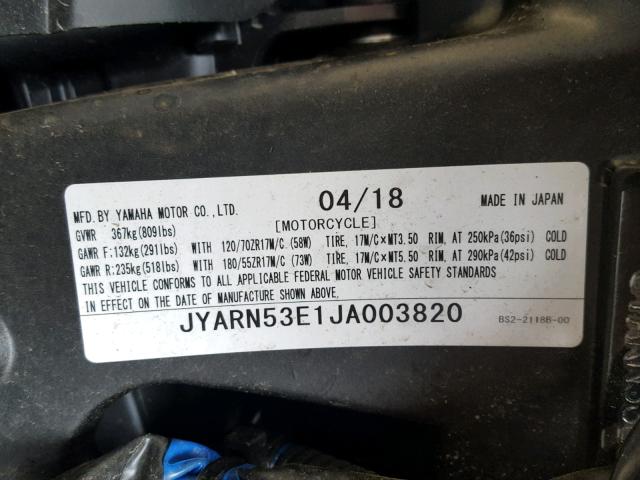 JYARN53E1JA003820 - 2018 YAMAHA FZ09 GRAY photo 10