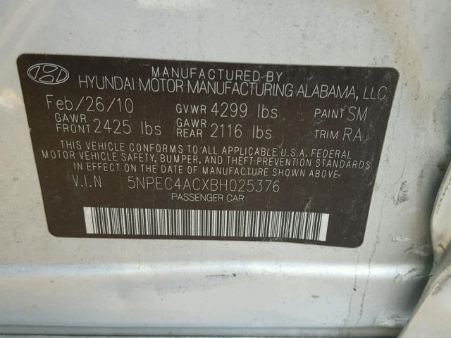 5NPEC4ACXBH025376 - 2011 HYUNDAI SONATA SE SILVER photo 10