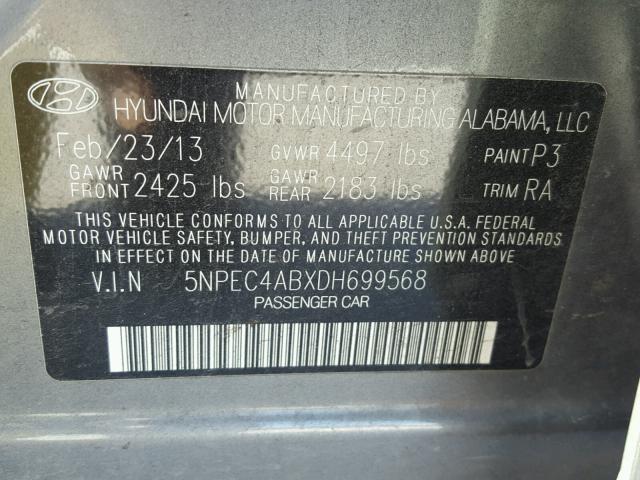 5NPEC4ABXDH699568 - 2013 HYUNDAI SONATA SE GRAY photo 10