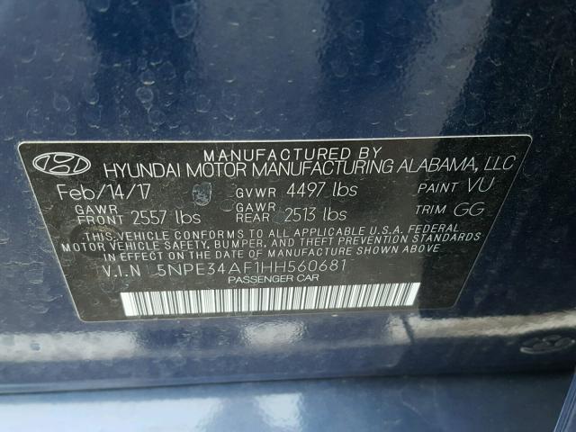 5NPE34AF1HH560681 - 2017 HYUNDAI SONATA SPO BLUE photo 10