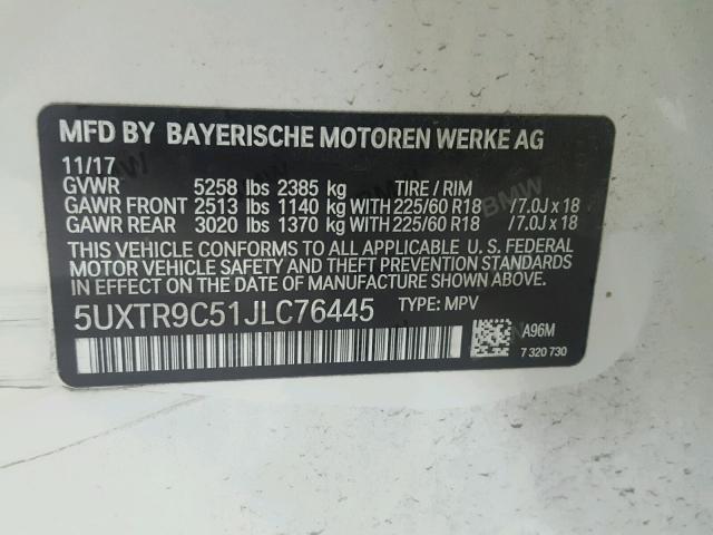 5UXTR9C51JLC76445 - 2018 BMW X3 XDRIVEM Белый фото 10