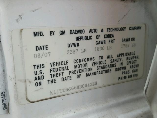 KL1TD66668B094229 - 2008 CHEVROLET AVEO BASE Ақ фото 10