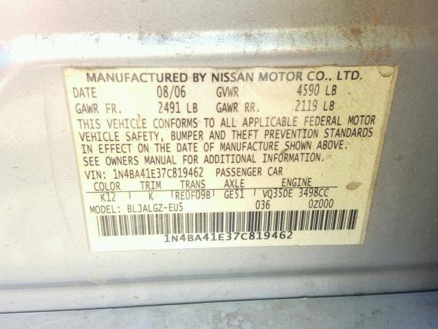 1N4BA41E37C819462 - 2007 NISSAN MAXIMA SE GRAY photo 10