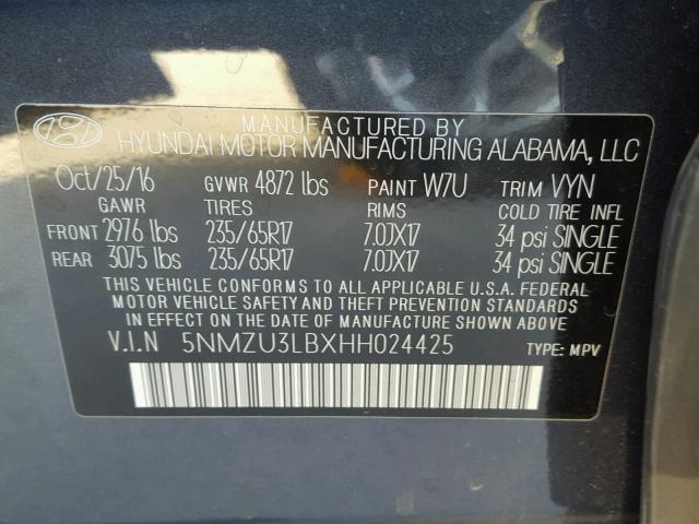 5NMZU3LBXHH024425 - 2017 HYUNDAI SANTA FE S 蓝色 照片 10