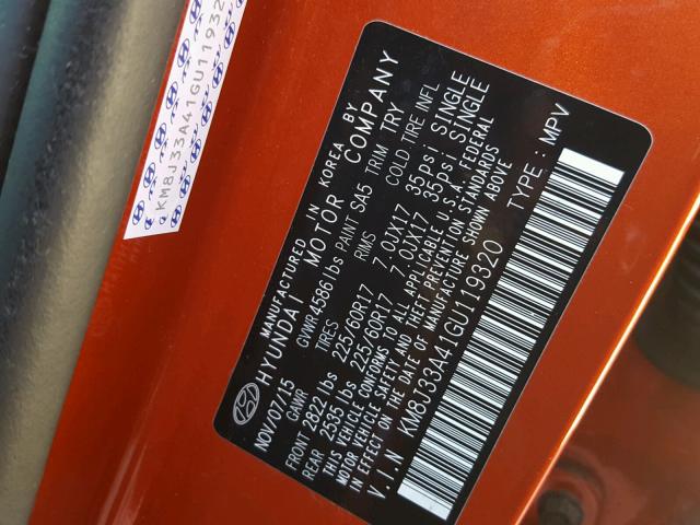 KM8J33A41GU119320 - 2016 HYUNDAI TUCSON LIM ORANGE photo 10