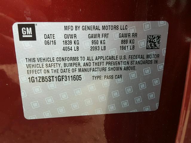 1G1ZB5ST1GF311605 - 2016 CHEVROLET MALIBU LS MAROON photo 10