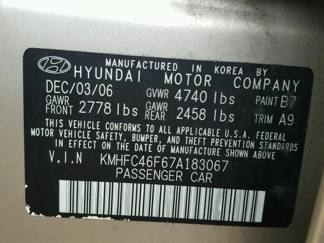 KMHFC46F67A183067 - 2007 HYUNDAI AZERA SE TAN photo 10