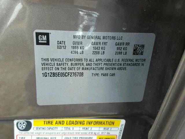 1G1ZB5E05CF276708 - 2012 CHEVROLET MALIBU LS ნაცრისფერი ფოტო 10