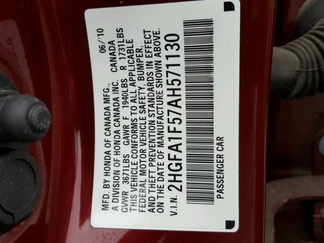 2HGFA1F57AH571130 - 2010 HONDA CIVIC RED photo 10